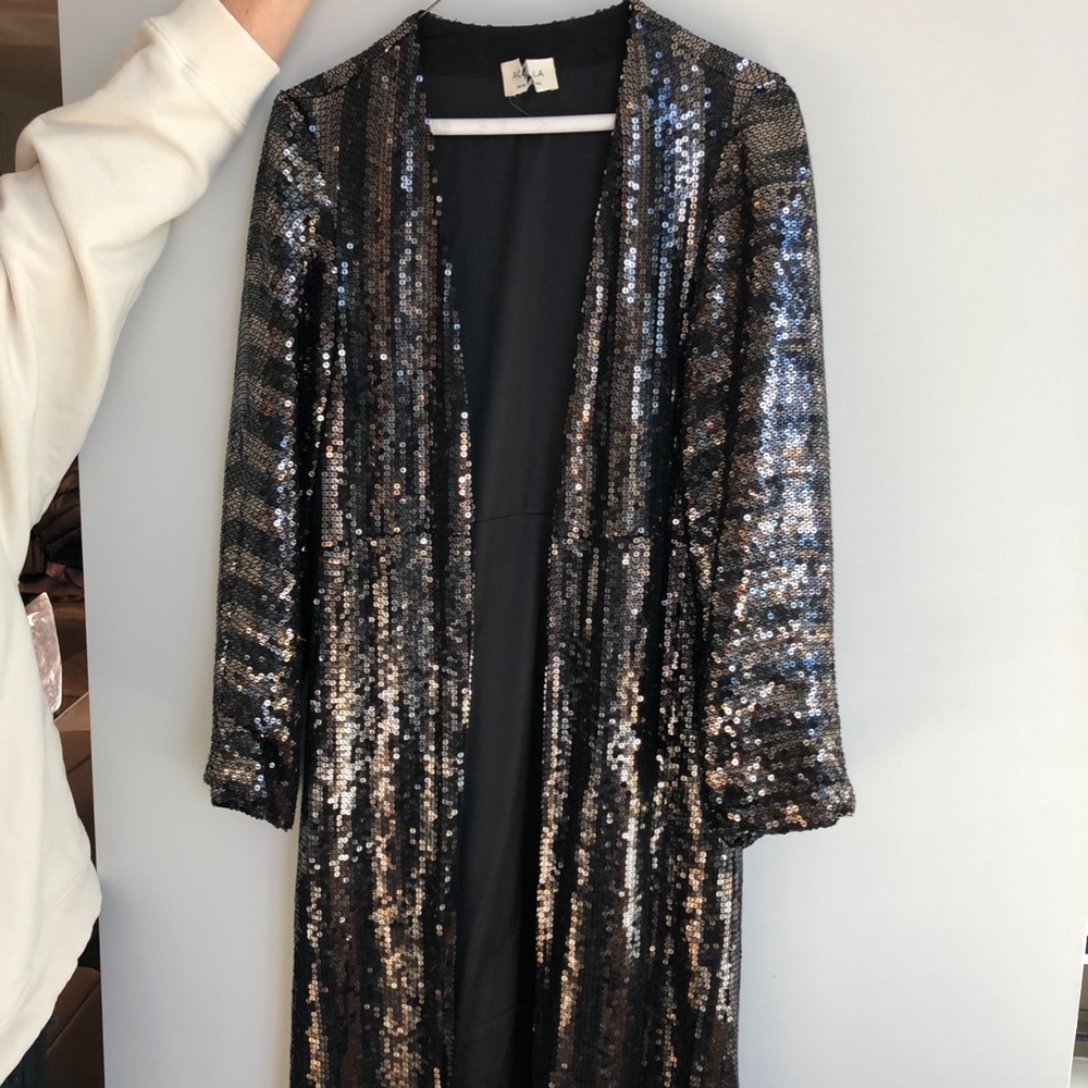 Designer Sequin Open Front Long Cardigan Coat She… - image 4